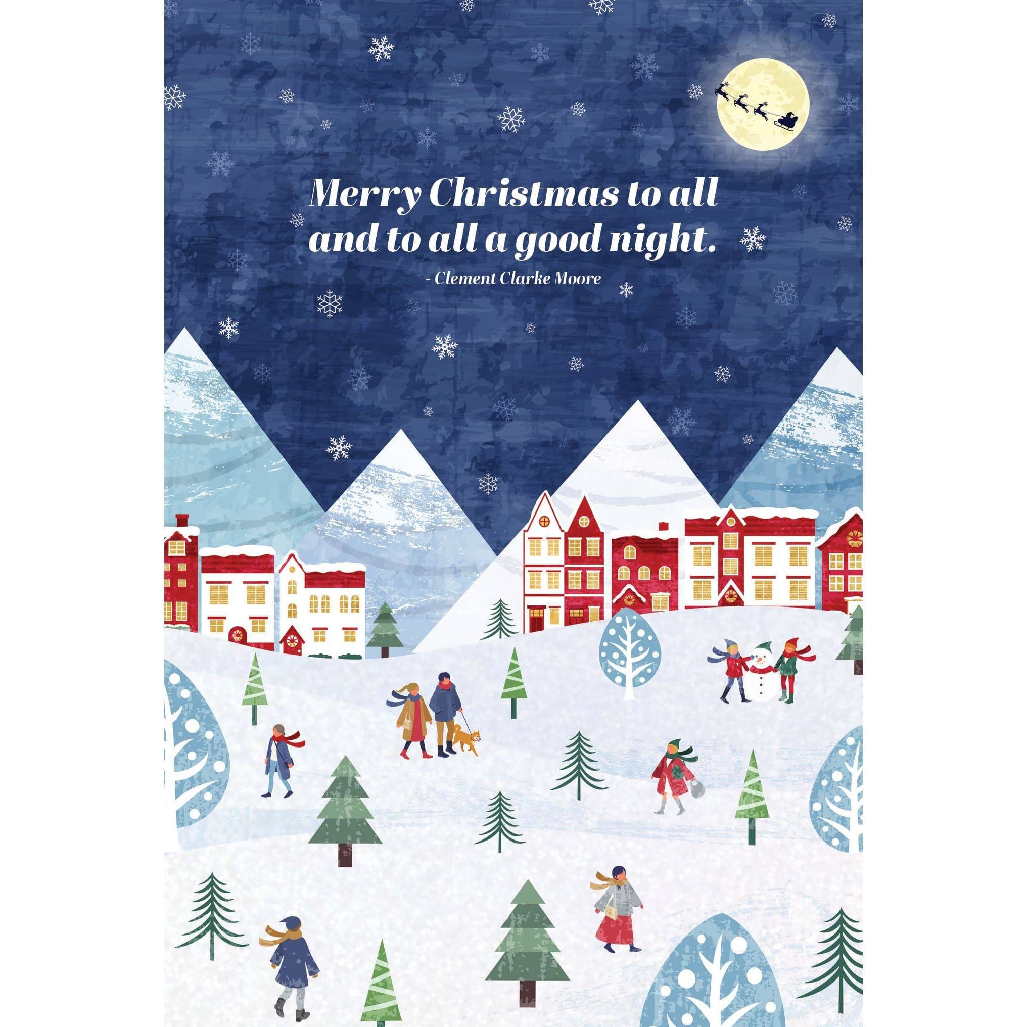 Pictura nighttime snow scene Christmas card featuring a festive winter landscape with snow-covered trees and holiday cheer.